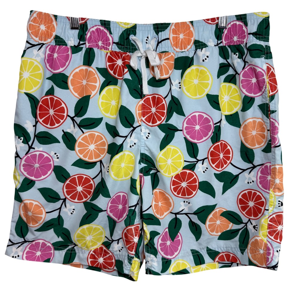 Hanna Andersson Citrus Print Swim Trunks Mens L Blue Lemon Orange Beach Shorts
